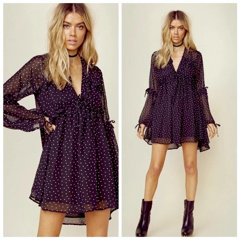 For Love & Lemons Truffles Polka Dot Babydoll Mini Dress Black Romantic Size S - Picture 7 of 11